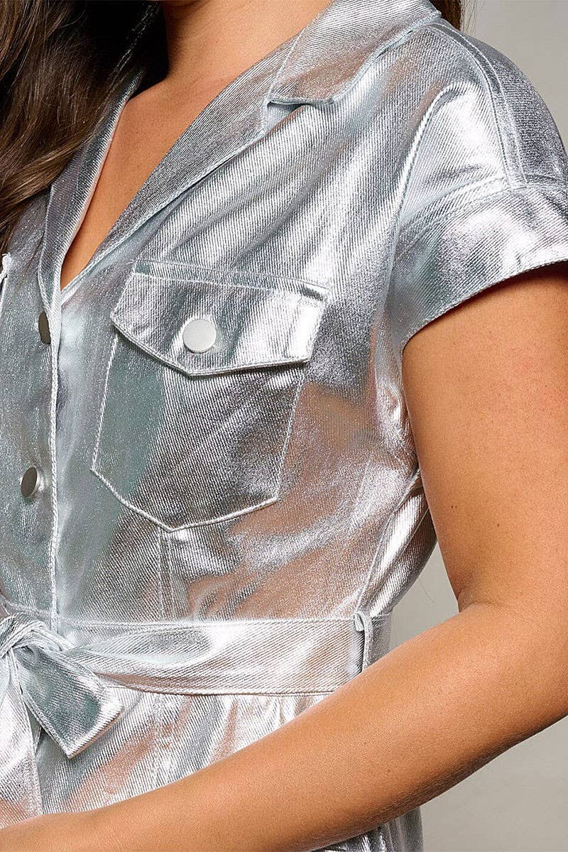 SHORT SLEEVE BUTTON UP SELF TIE  MELONY METALLIC DRESS