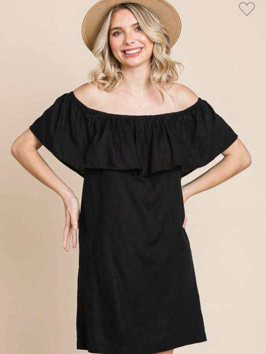 OFF SHOULDER THICK RUFFLE SLEEVE SHIFT DRESS