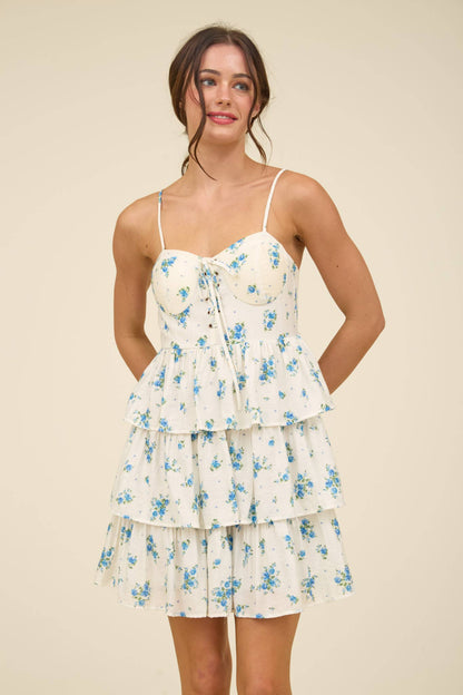 LACEY LACE UP RUFFLE TIERED MINI DRESS