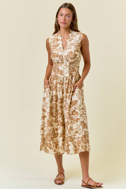 SAHARA PAISLEY V-NECK SMOCKED WAIST ZIP FRONT MIDI DRESS