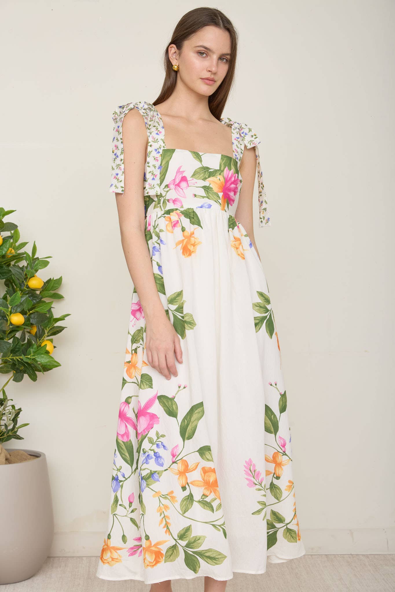 Florence FLORAL TIE STRAP DETAIL EMPIRE WAIST MIDI DRESS