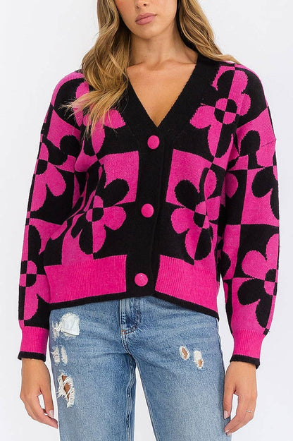 LONG SLEEVE BETTY BUTTON CLOSURE FLOWER CARDIGAN SWEATER