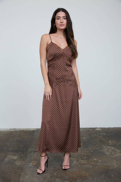 Dot your heart out LACE TRIM SPAGHETTI STRAP MIDI DRESS