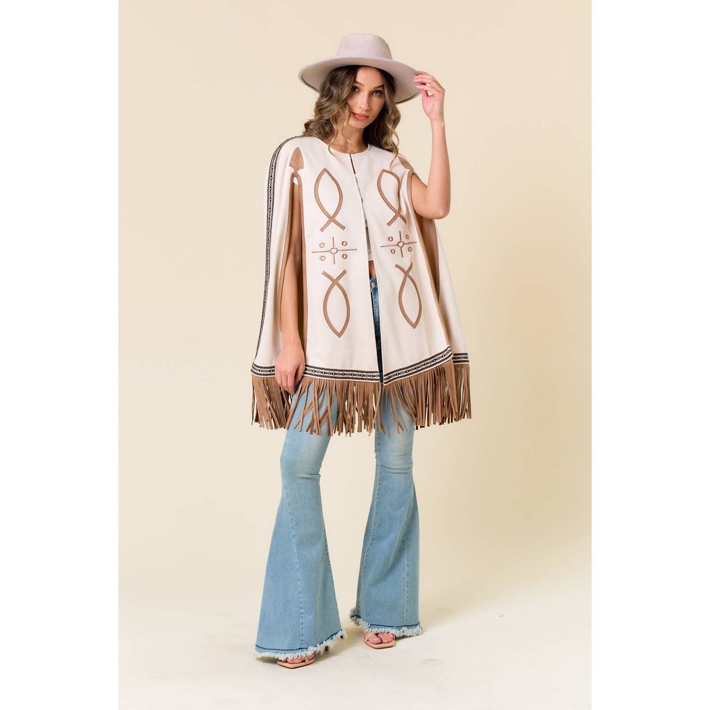 Carrie CREAM FRINGED CAPE WITH EMBROIDERY