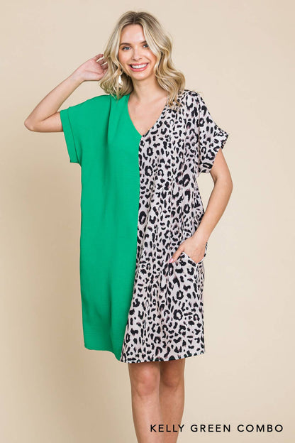 20346W-Air Flow & Leopard Print  Color Block V Neck Dress