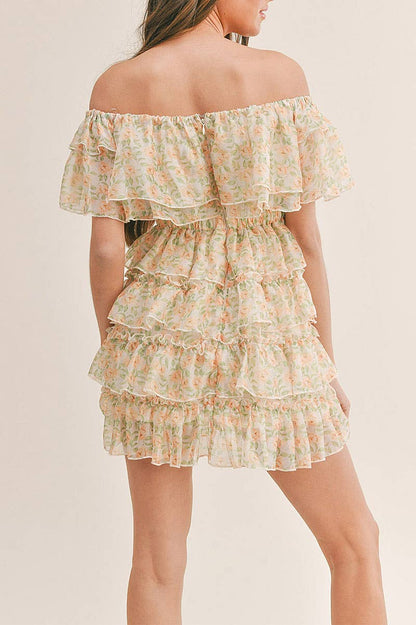 MONICA OFF SHOULDER TIERED RUFFLE FLORAL MINI DRESS