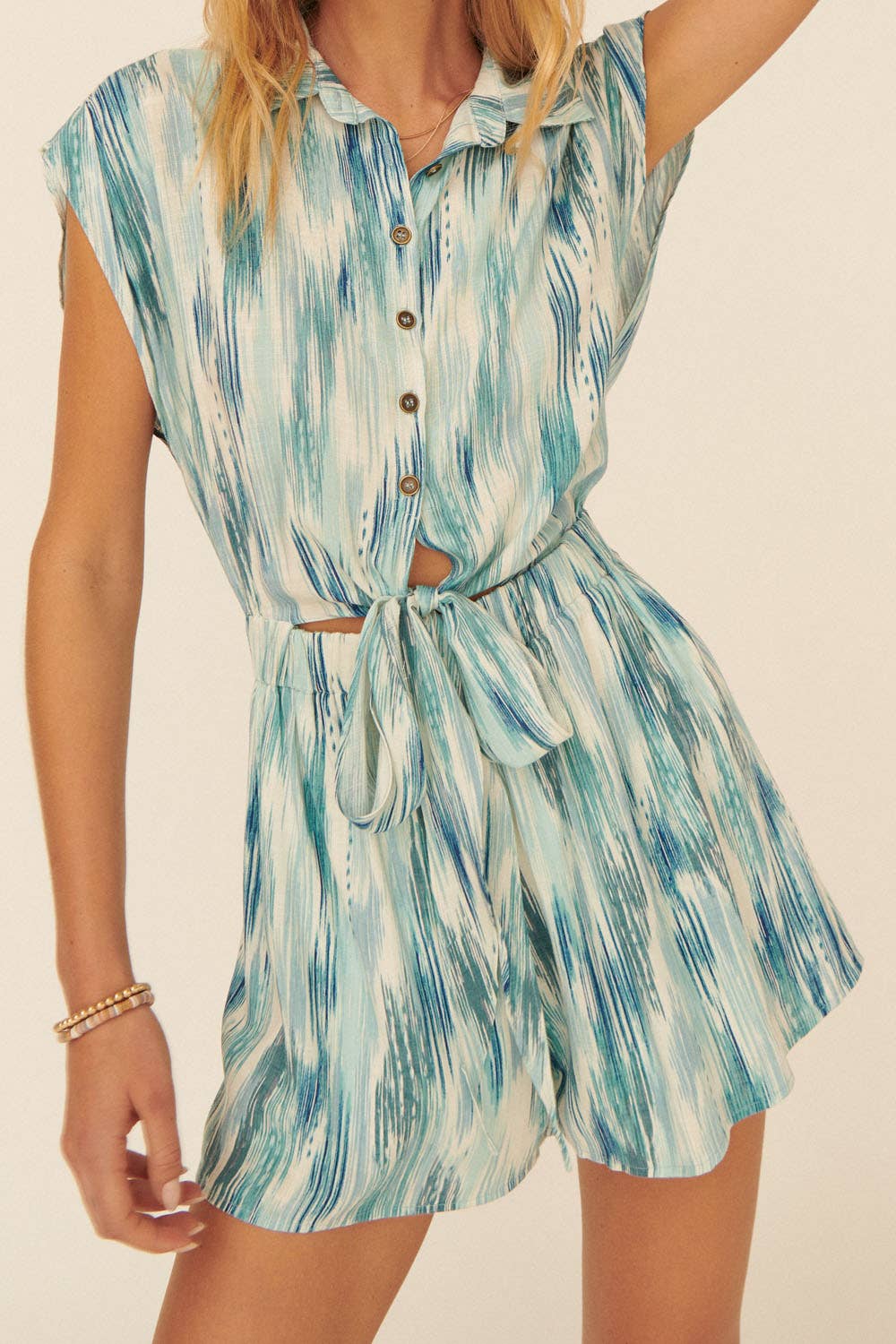 Chloe Collared Button Front Self Tie Romper