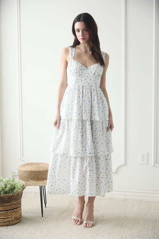 Fabiola FLORAL SLEEVELESS CORSET RUFFLE TIERED MIDI DRESS