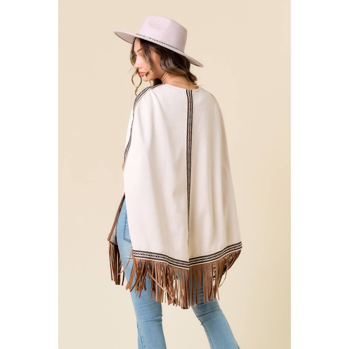 Carrie CREAM FRINGED CAPE WITH EMBROIDERY