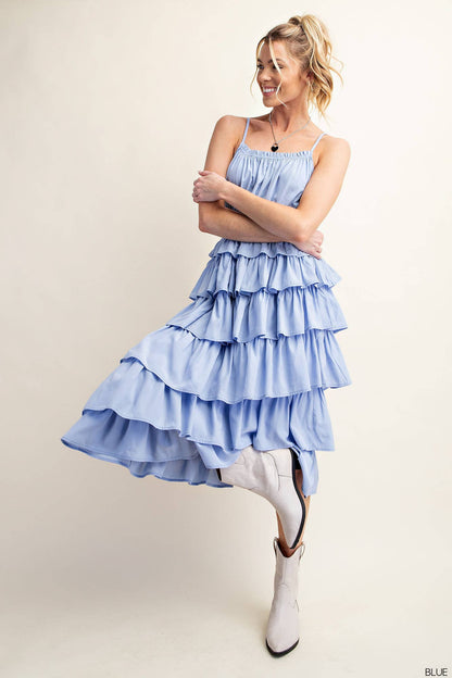 FLOWY ELASTIC WAIST TIERED LAYER RUFFLE MIDI DRESS