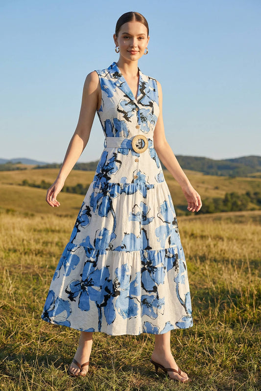 Talle PRINTED SLEEVELESS LONG DRESS WITH BELT