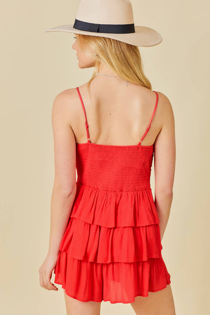 Spaghetti Strap Ruffle Romper With Bow Tie Detail