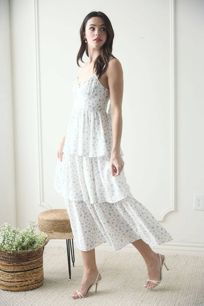 Fabiola FLORAL SLEEVELESS CORSET RUFFLE TIERED MIDI DRESS