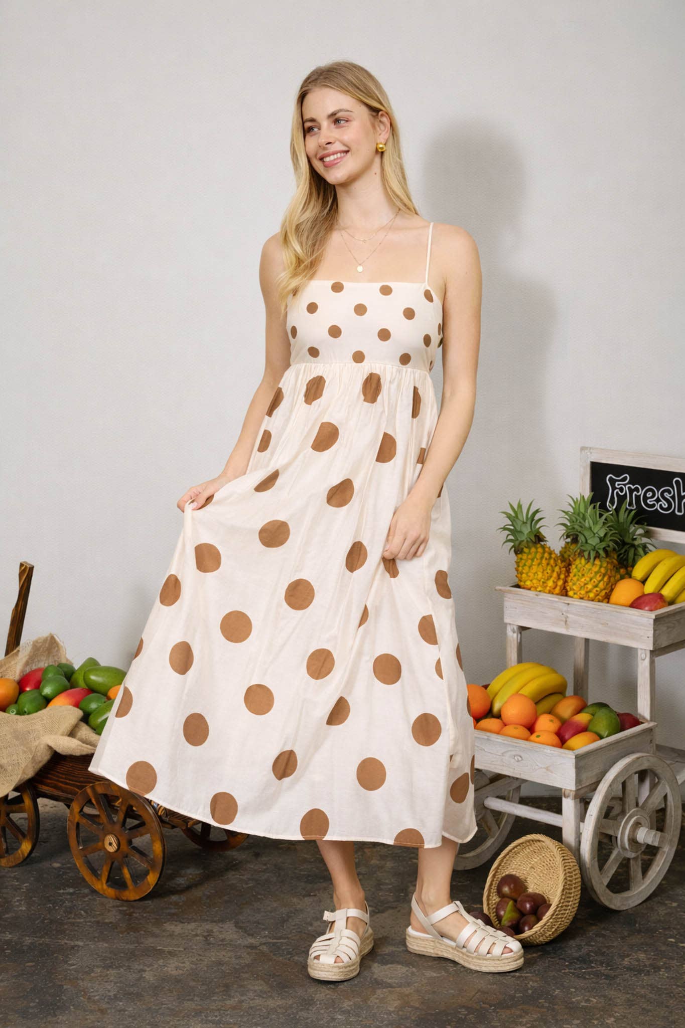 Empress POLKA DOT EMPIRE WAIST SPAGHETTI STRAP MIDI DRESS