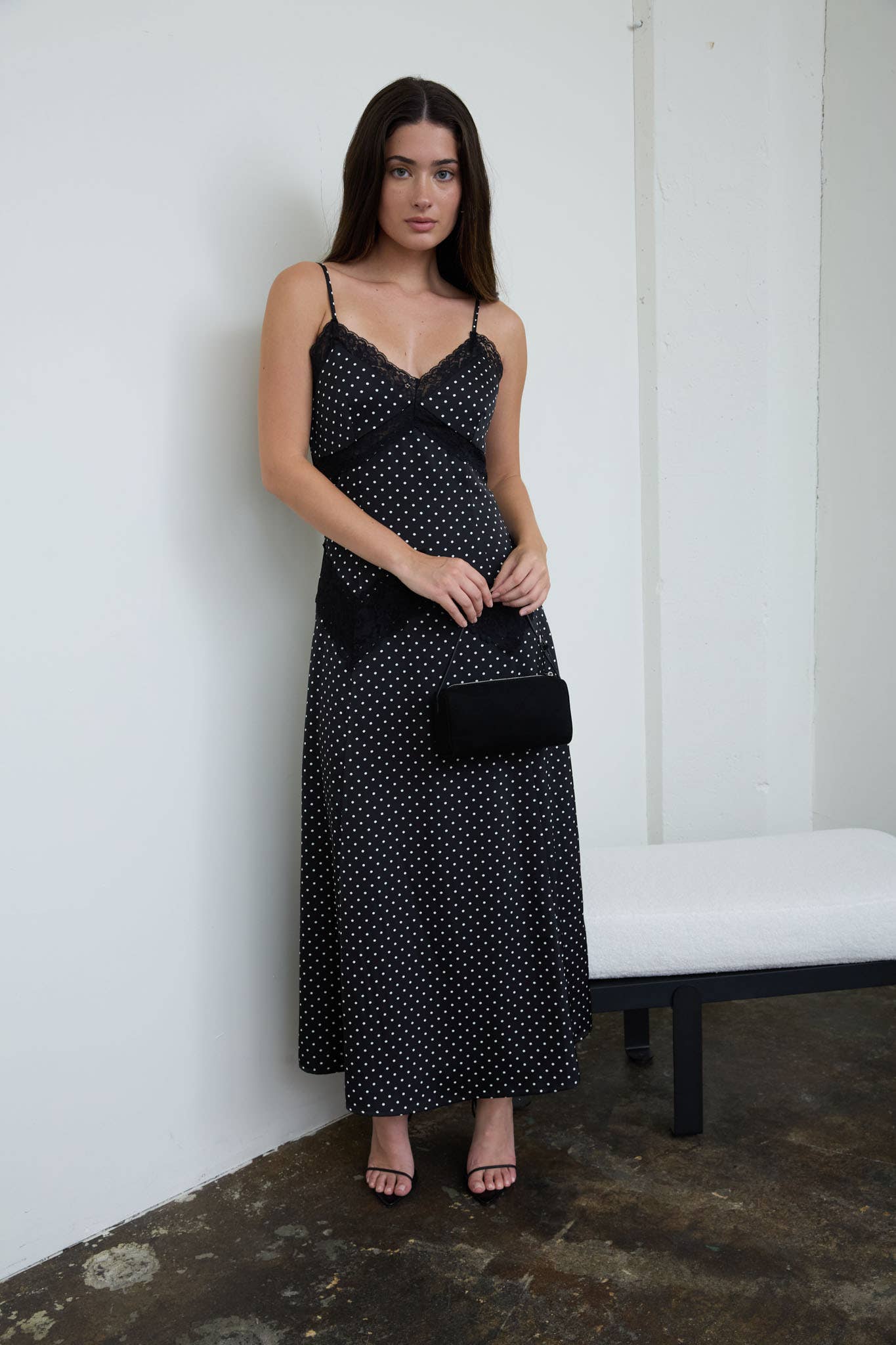 Dot your heart out LACE TRIM SPAGHETTI STRAP MIDI DRESS