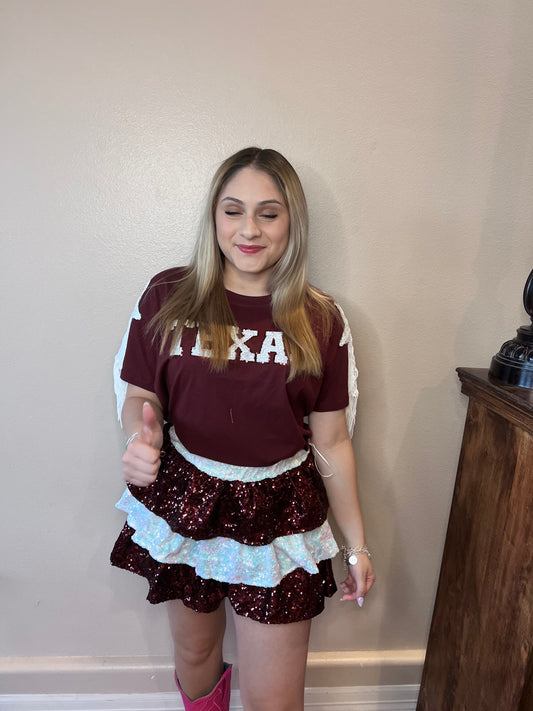 GAME DAY SEQUIN TEXAS STARS AND FRINGE SHIRT