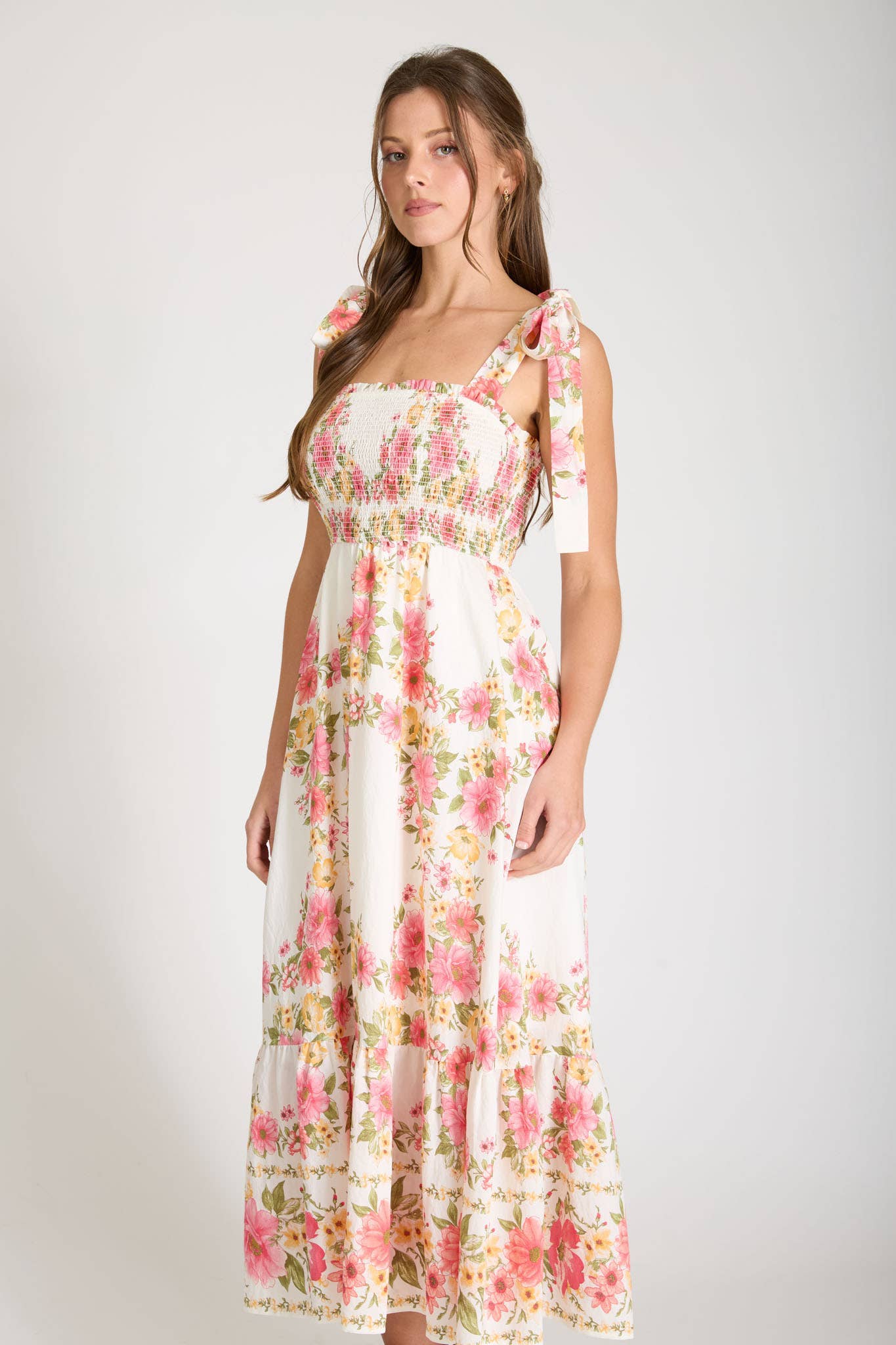 Phoebe floral TIE STRAP SMOCKED BORDER PRINT MIDI DRESS