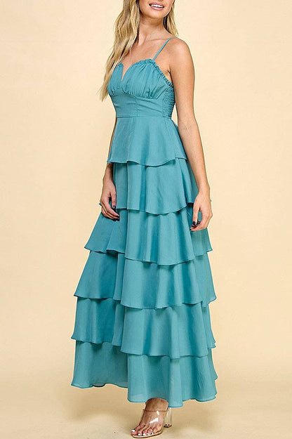 SLEEVELESS V-NECK RUFFLE TIERED MAXI DRESS