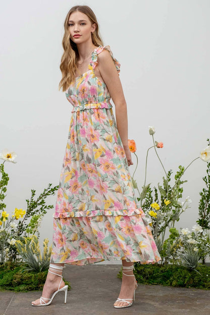 WATERCOLOR FLORAL PRINT RUFFLE MIDI DRESS