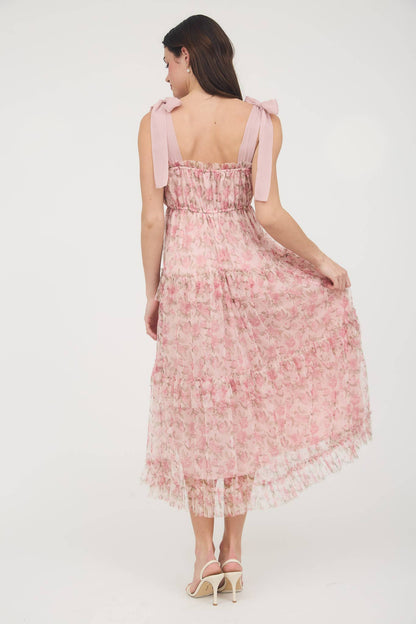 FAITH FLORAL TIE STRAP RUFFLE TRIM TIERED MAXI DRESS