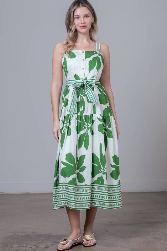 IVY SLEEVELESS BUTTON DOWN BELTED MIDI DRESS