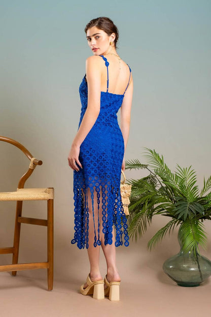 Isis EYELET LACE FRINGE MIDI DRESS