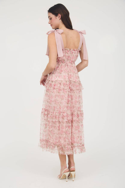 FAITH FLORAL TIE STRAP RUFFLE TRIM TIERED MAXI DRESS