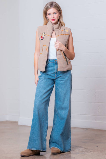 HJ75224T-SLVLESS WESTERN EMBROIDERY WOVEN VEST