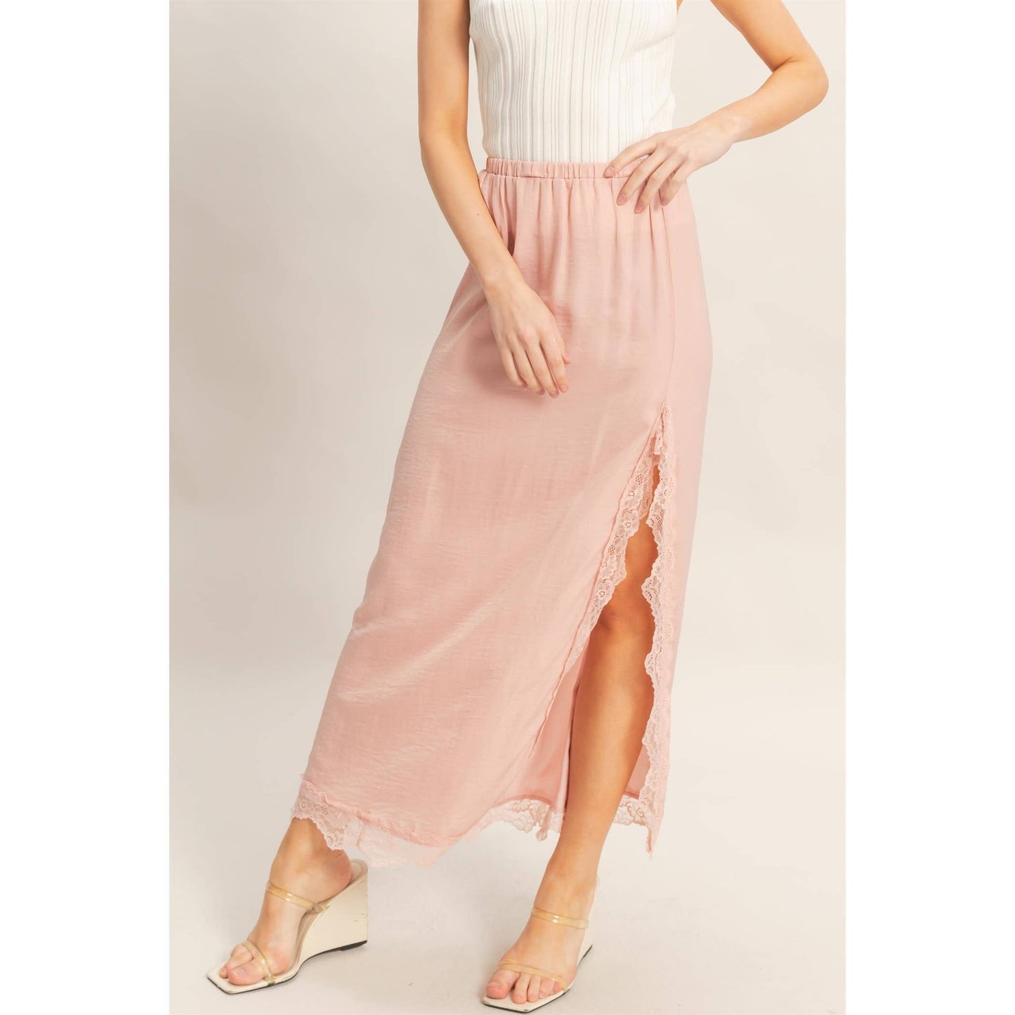 Skirt With Front Slit And Lace Hem