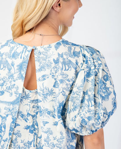Presley pleated round neck puff sleeve dress