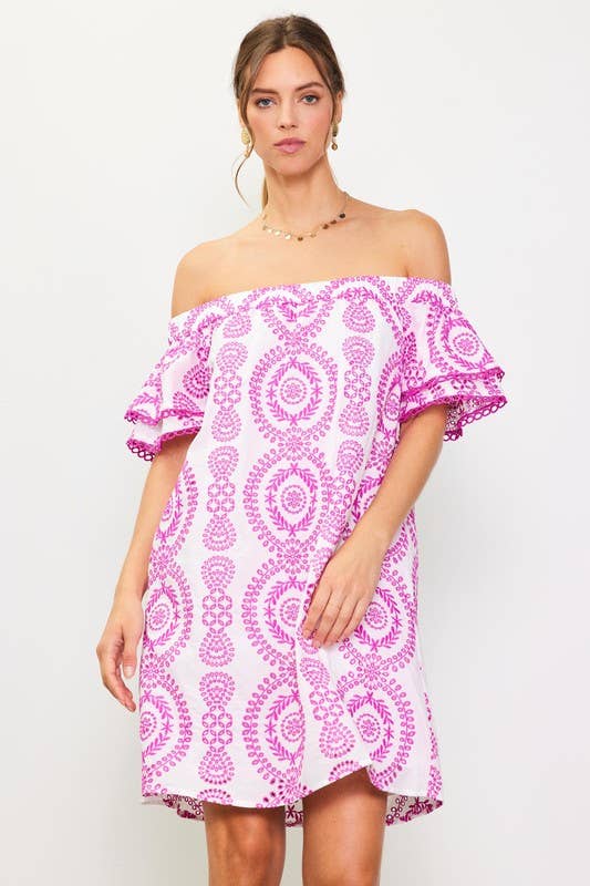 Elle Embroidered Eyelet Off Shoulder Dress