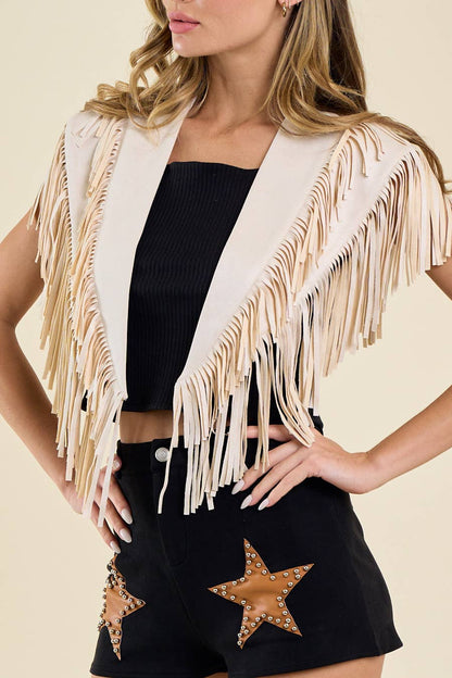 SIJ5247A CREAM WESTERN FRINGE SUEDE COLLAR / SHRUG