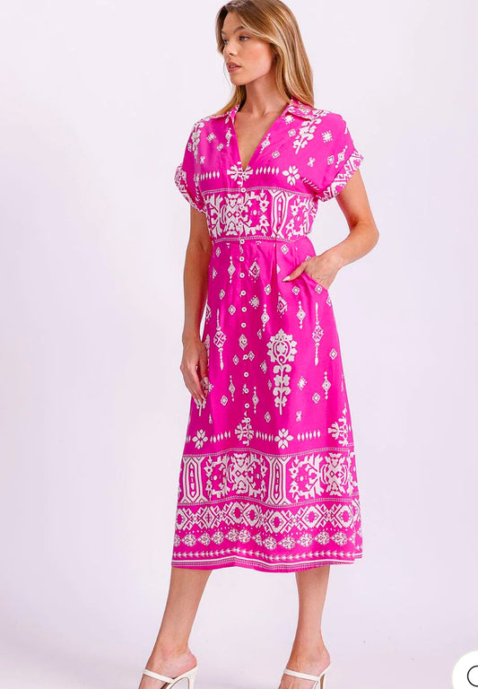 Missy midi dress with pockets hot pink