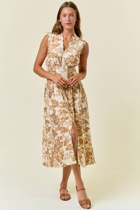 SAHARA PAISLEY V-NECK SMOCKED WAIST ZIP FRONT MIDI DRESS