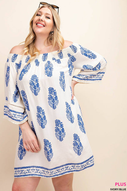 LINDA OFF SHOULDER DRESS WITH BORDER PRINT