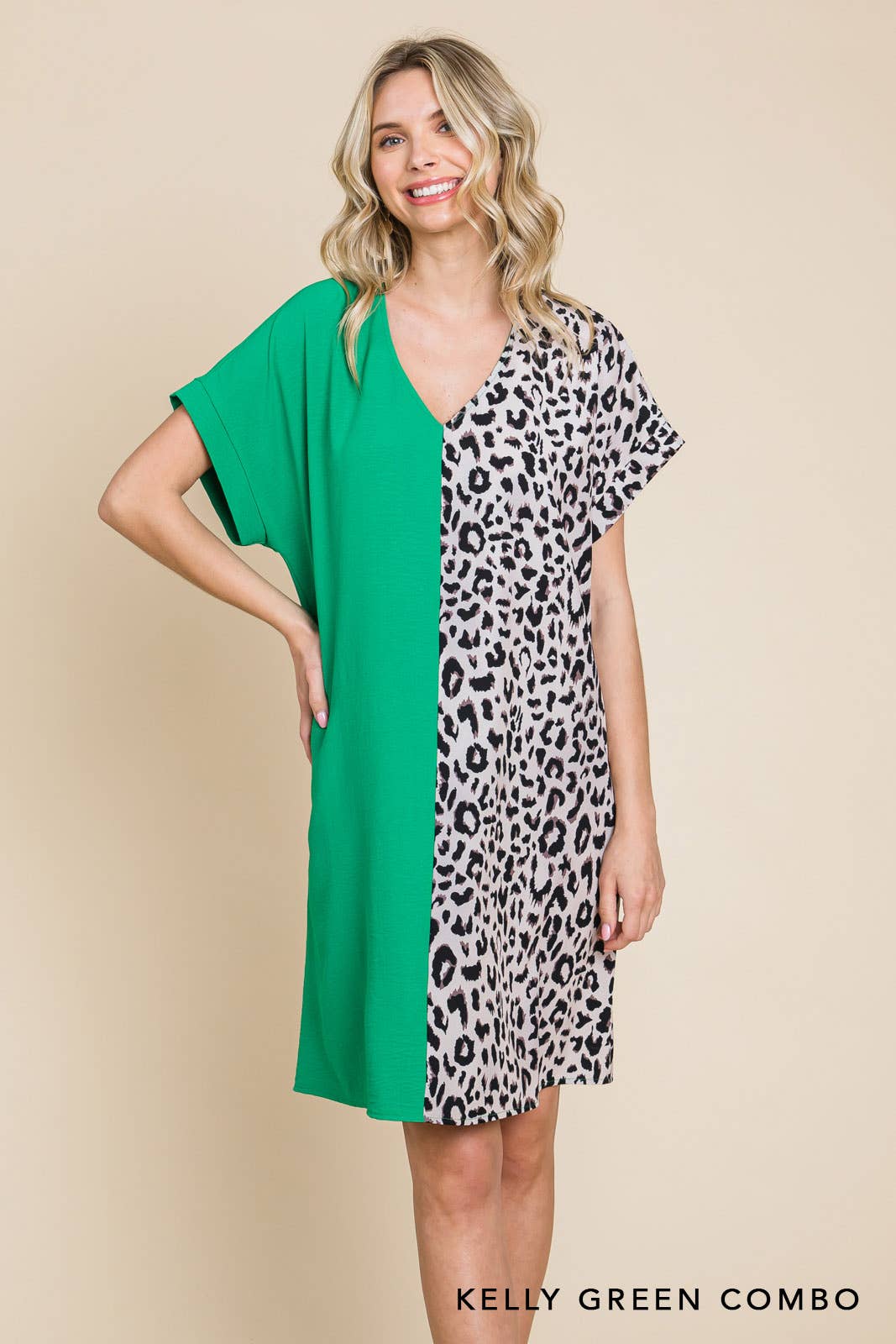 20346W-Air Flow & Leopard Print  Color Block V Neck Dress