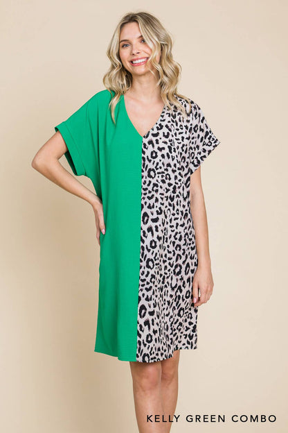 20346W-Air Flow & Leopard Print  Color Block V Neck Dress