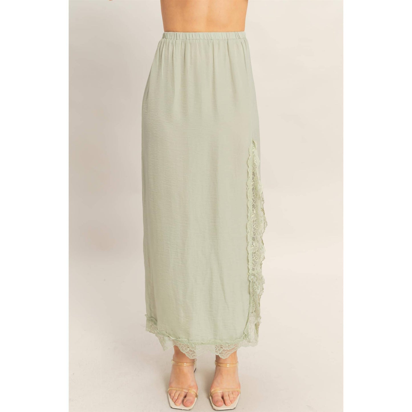 Skirt With Front Slit And Lace Hem