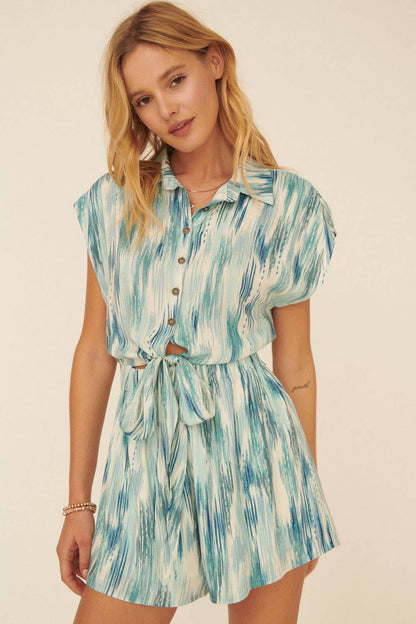 Chloe Collared Button Front Self Tie Romper