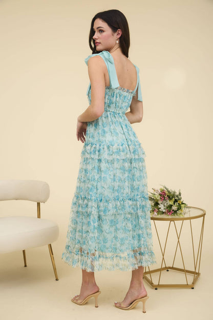 FAITH FLORAL TIE STRAP RUFFLE TRIM TIERED MAXI DRESS
