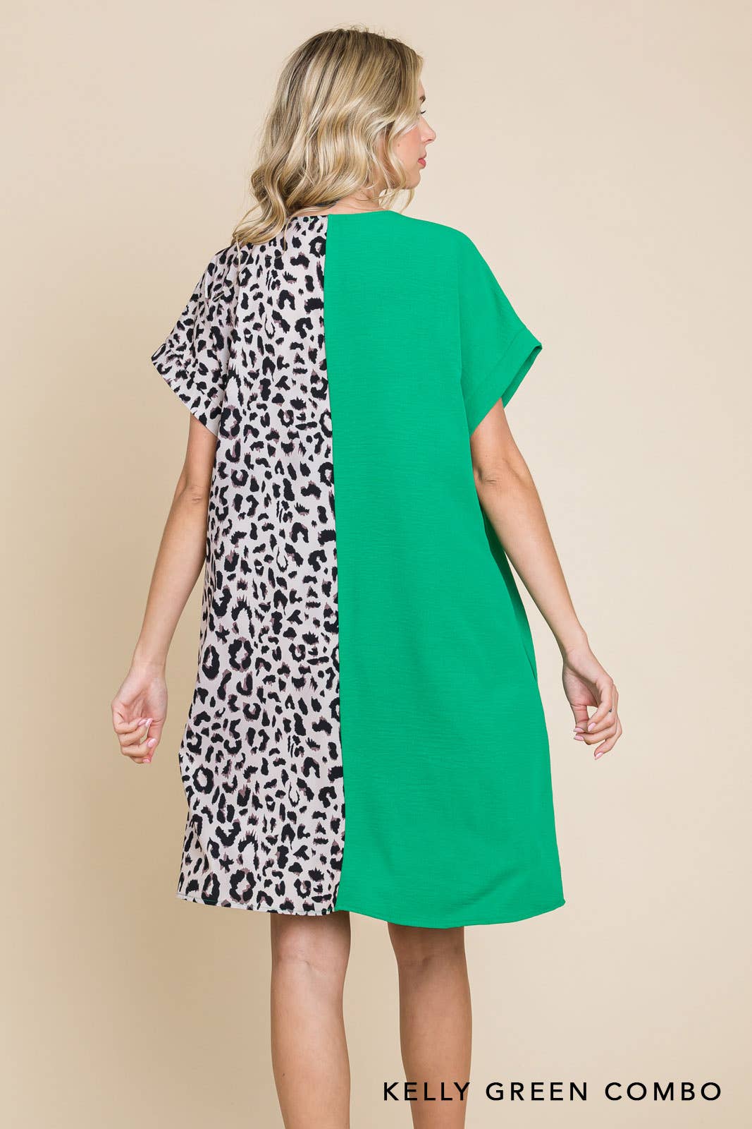 20346W-Air Flow & Leopard Print  Color Block V Neck Dress