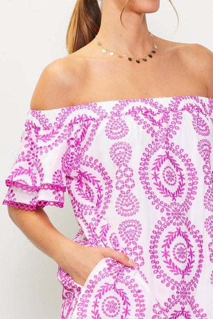 Elle Embroidered Eyelet Off Shoulder Dress