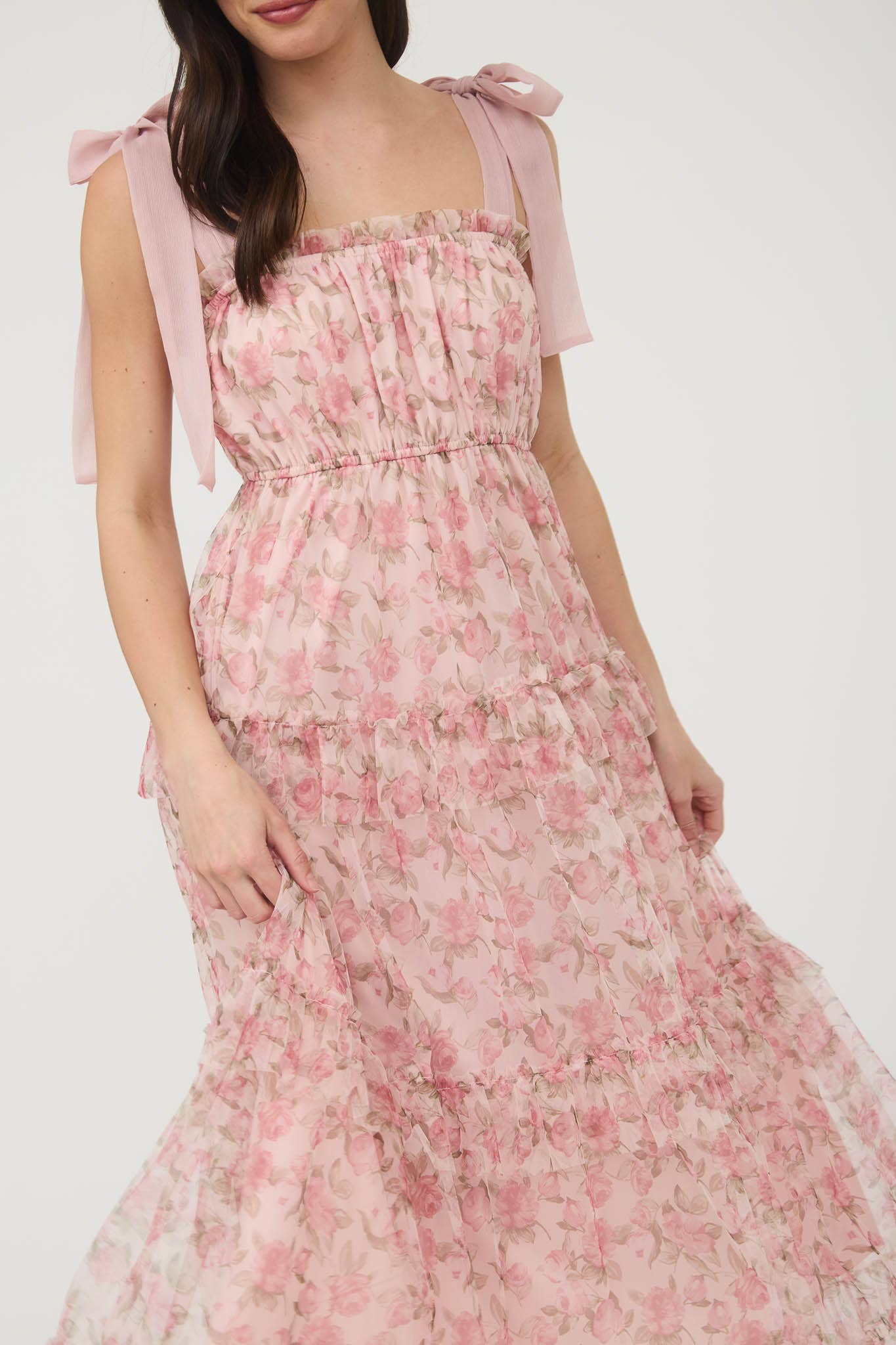 FAITH FLORAL TIE STRAP RUFFLE TRIM TIERED MAXI DRESS