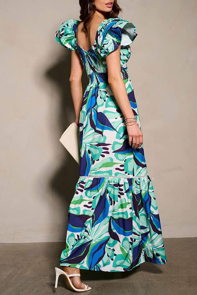 SHORT RUFFLE SLEEVE V-NECK FLORAL MAXI DRESS