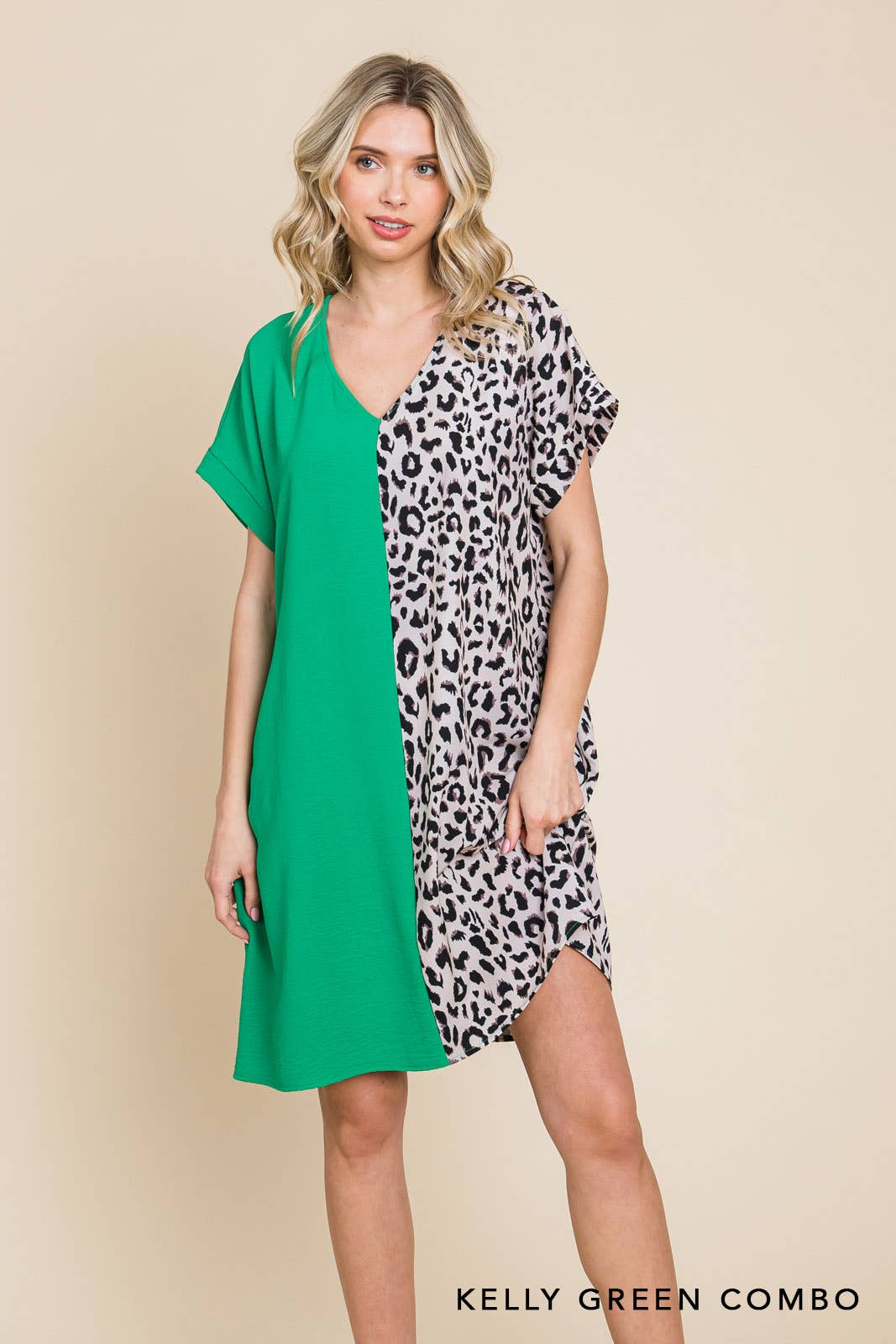 20346W-Air Flow & Leopard Print  Color Block V Neck Dress