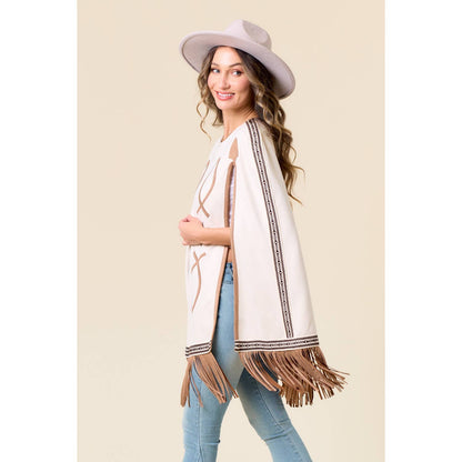 Carrie CREAM FRINGED CAPE WITH EMBROIDERY
