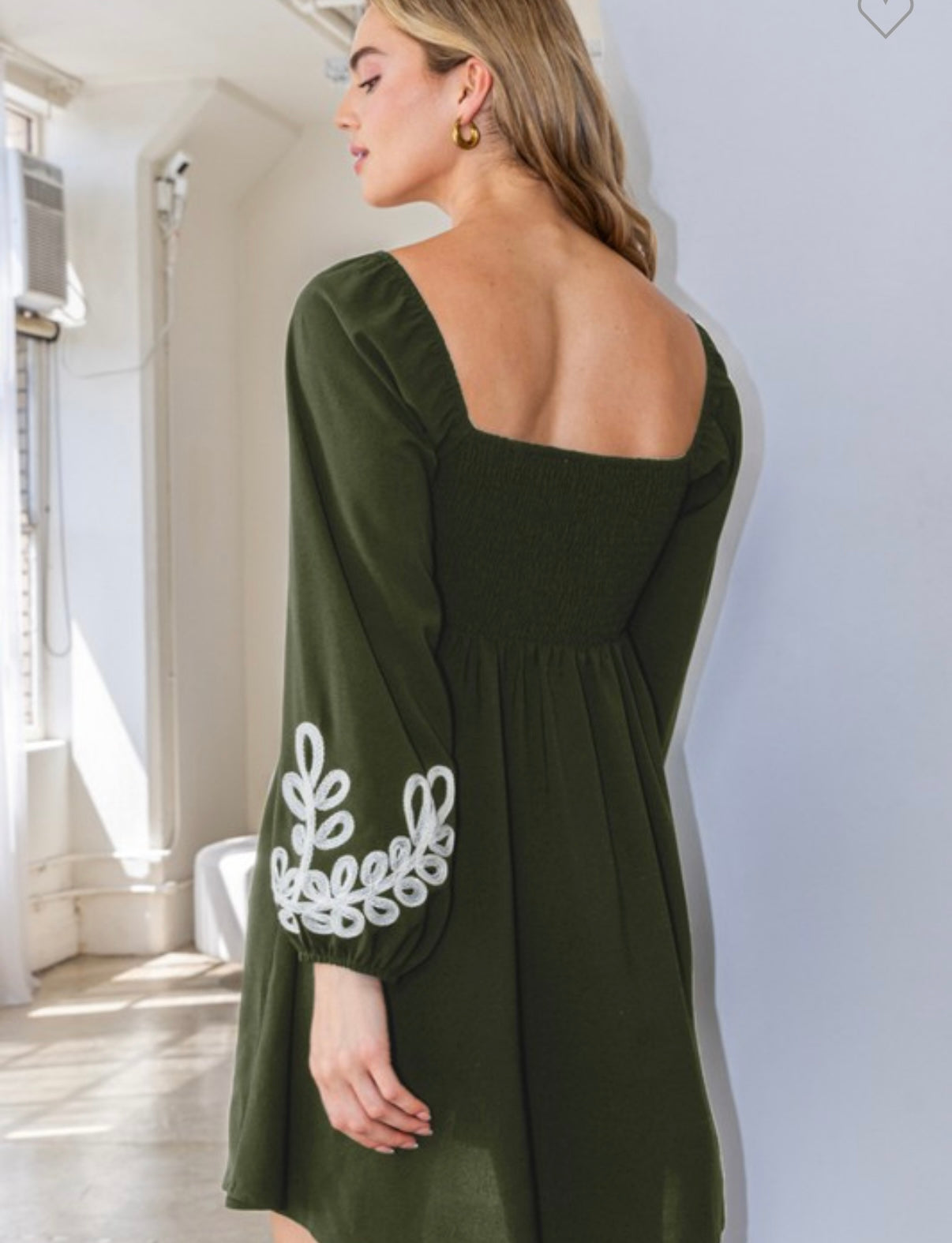Olive embroidered bubble sleeve dress
