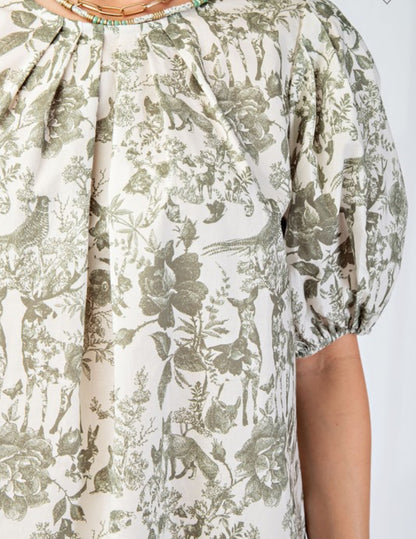 Presley pleated round neck puff sleeve dress