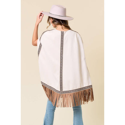 Carrie CREAM FRINGED CAPE WITH EMBROIDERY