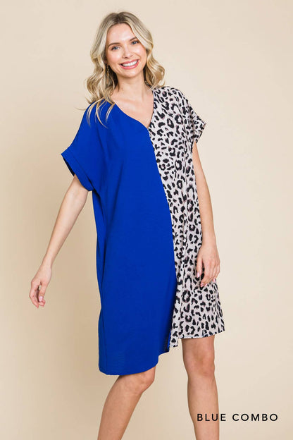 20346W-Air Flow & Leopard Print  Color Block V Neck Dress